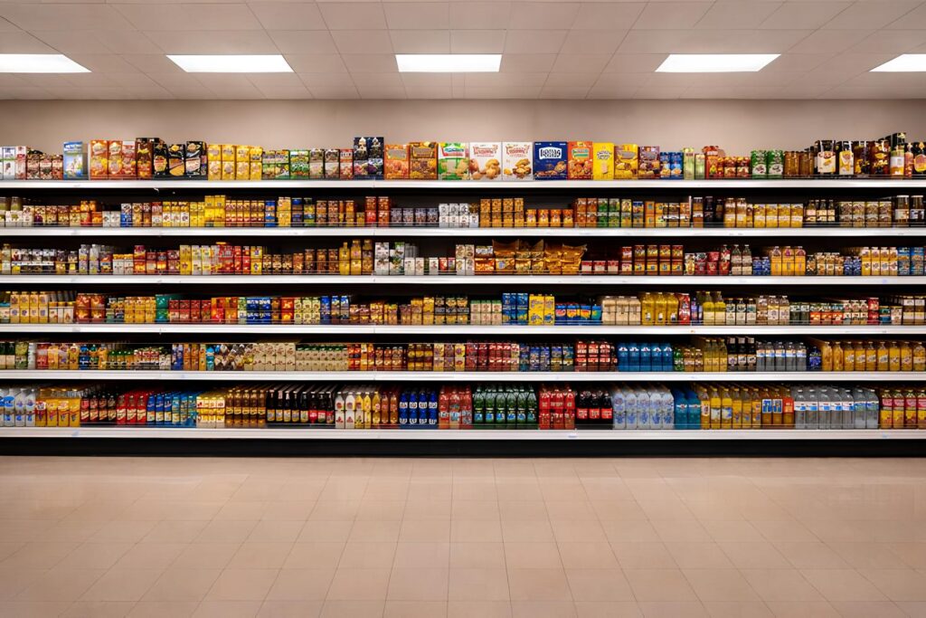 Rak minimarket dengan produk terlaris seperti sembako dan minuman kemasan
